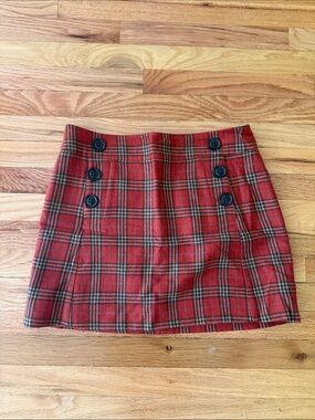 Orange Plaid Button-Accent Mini Skirt